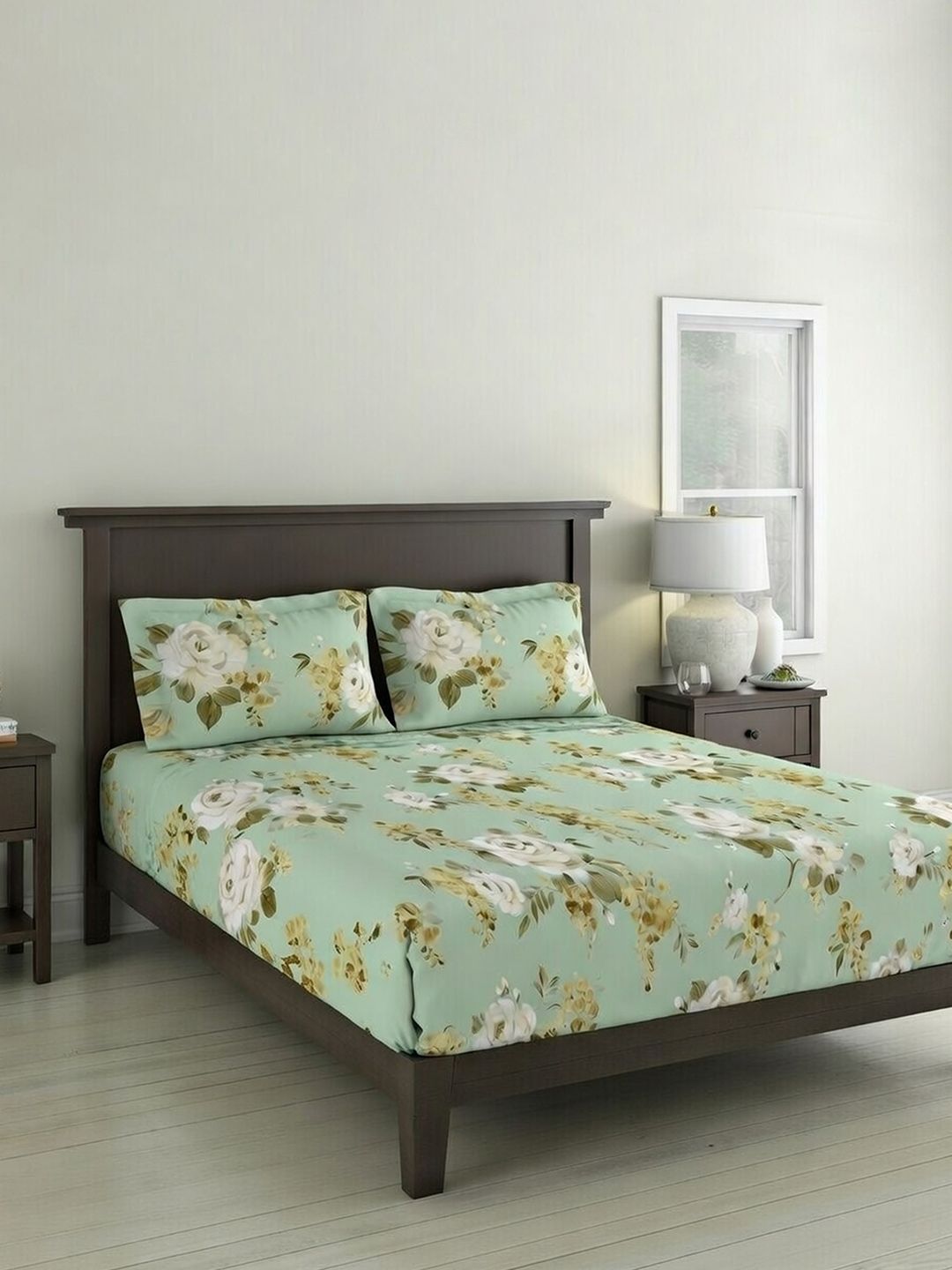 DDecor Green Floral 145TC King Fitted Pure Cotton Bedsheet with 2 Pillow Covers-picture-16
