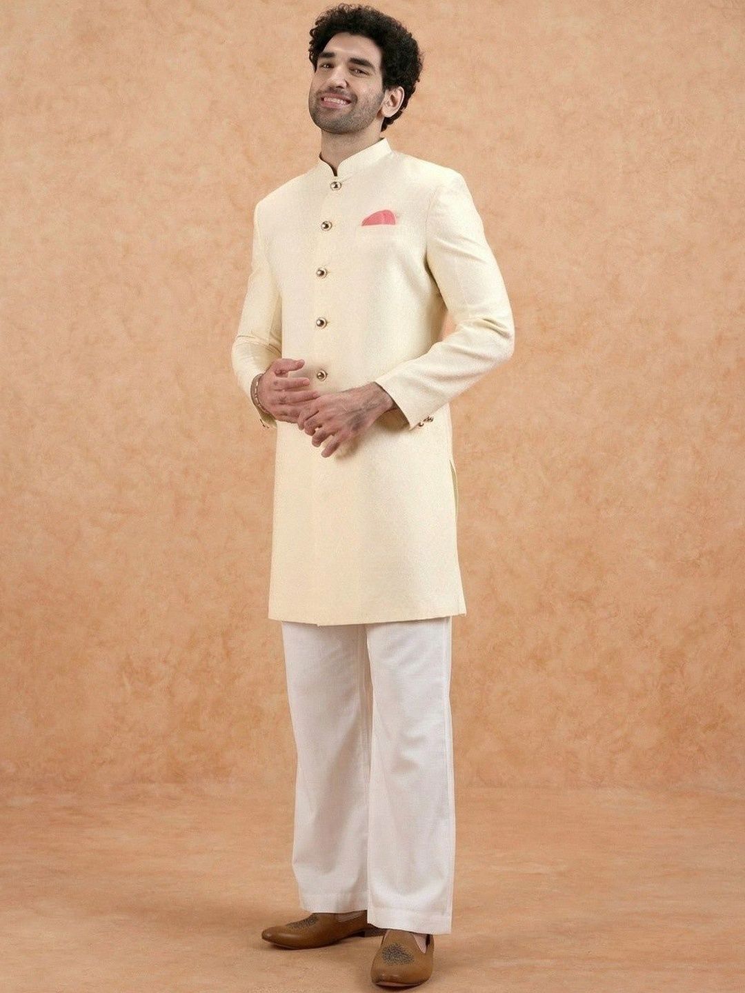 KISAH Jacquard-Patterned Sherwani With Wide Leg Trouser Set-image-10