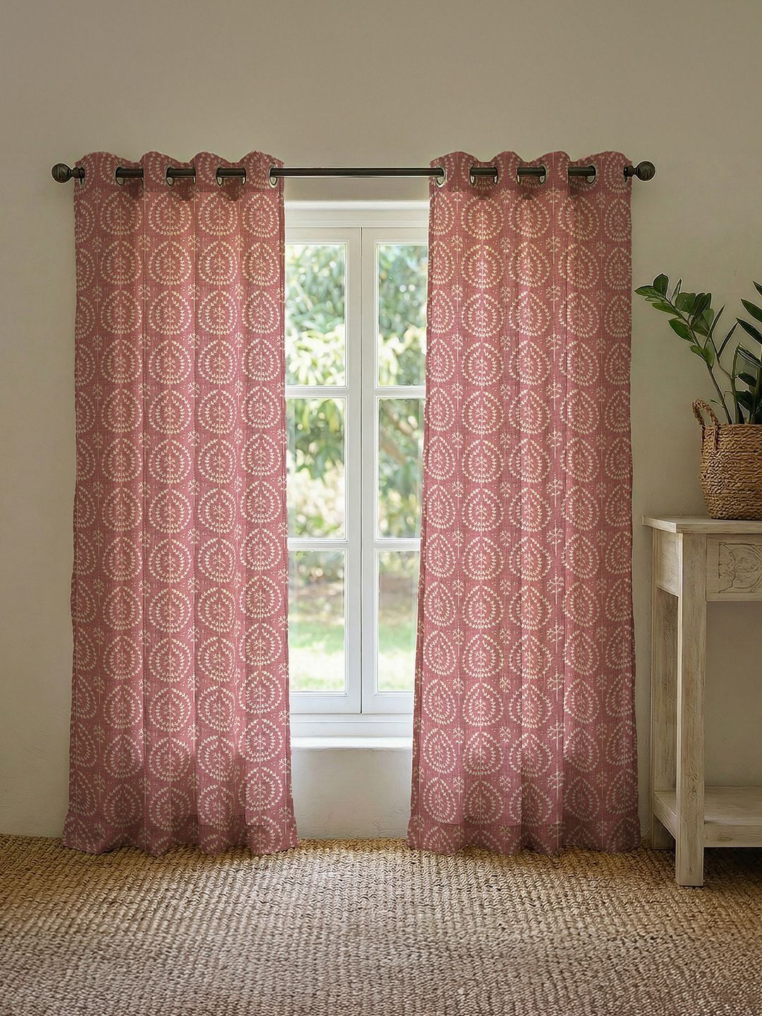 URBAN SPACE Pink & White Set of 2 Floral Window Curtain-picture-24