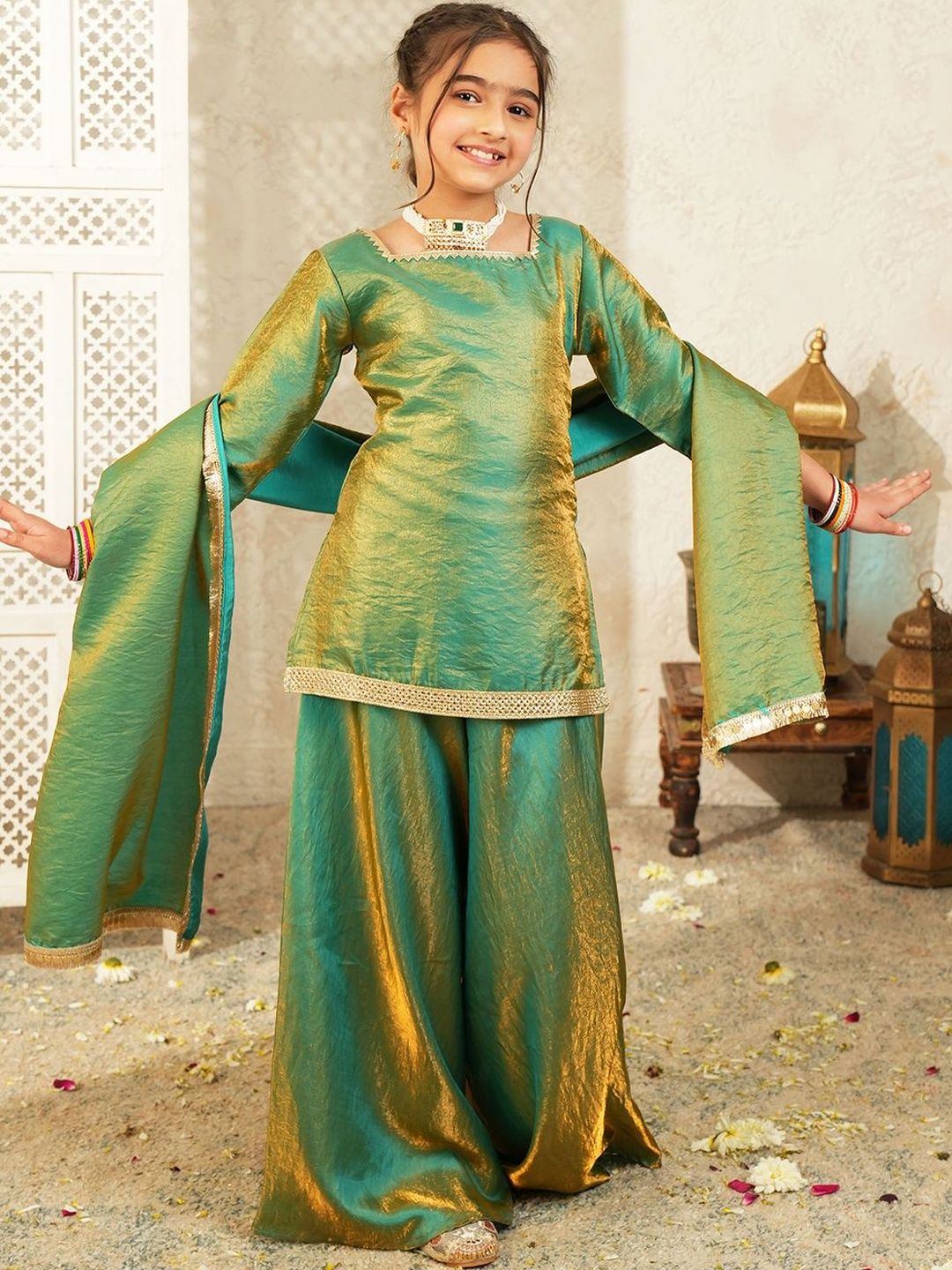 Aj DEZInES Girls Regular Gotta Patti Kurta with Palazzos & With Dupatta-picture-10