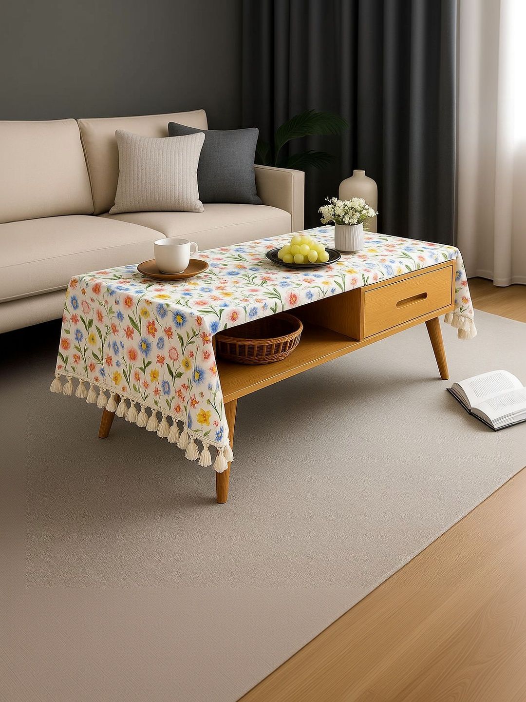 THROWPILLOW Multicoloured Floral Anti-Slip 6-Seater Table Cover with Embellished details-picture-37