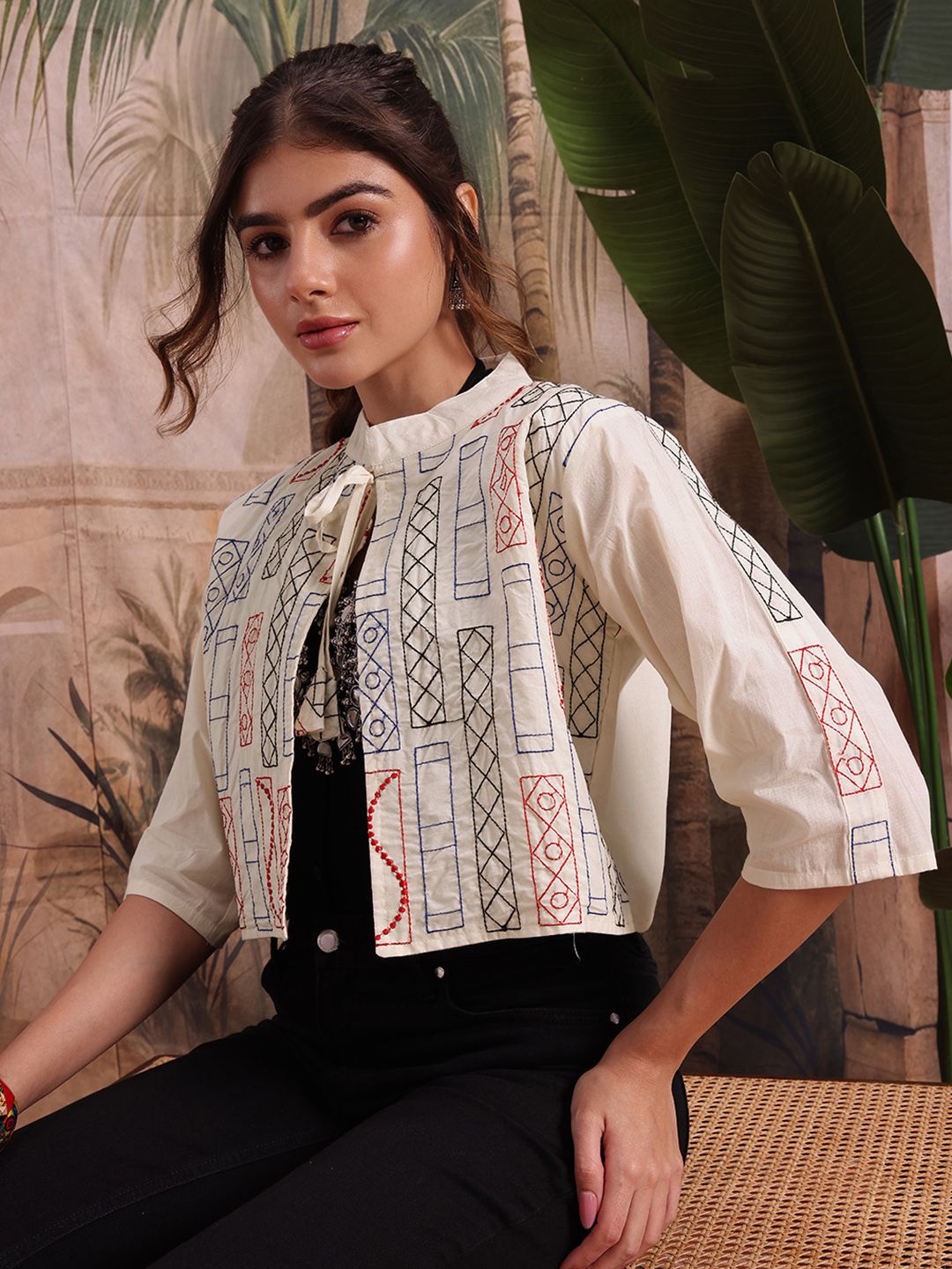 Sangria Geometric Embroidered Tie-Up Shrug-image-34