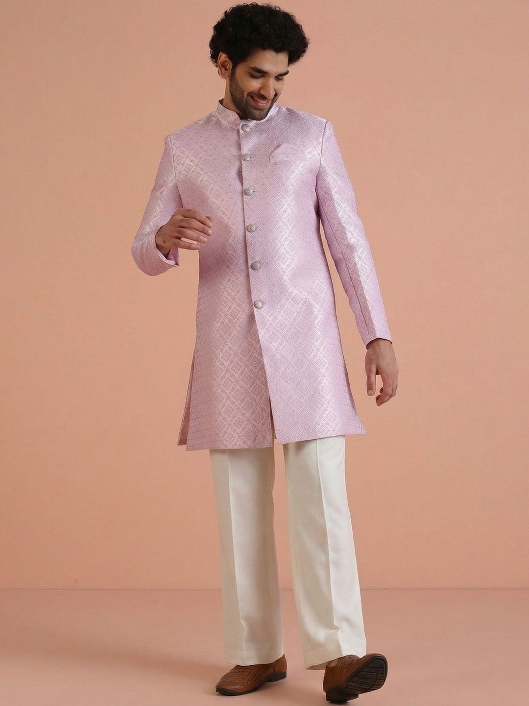 KISAH Jacquard Woven-Designed Sherwani With Wide Leg Trouser Set-picture-34