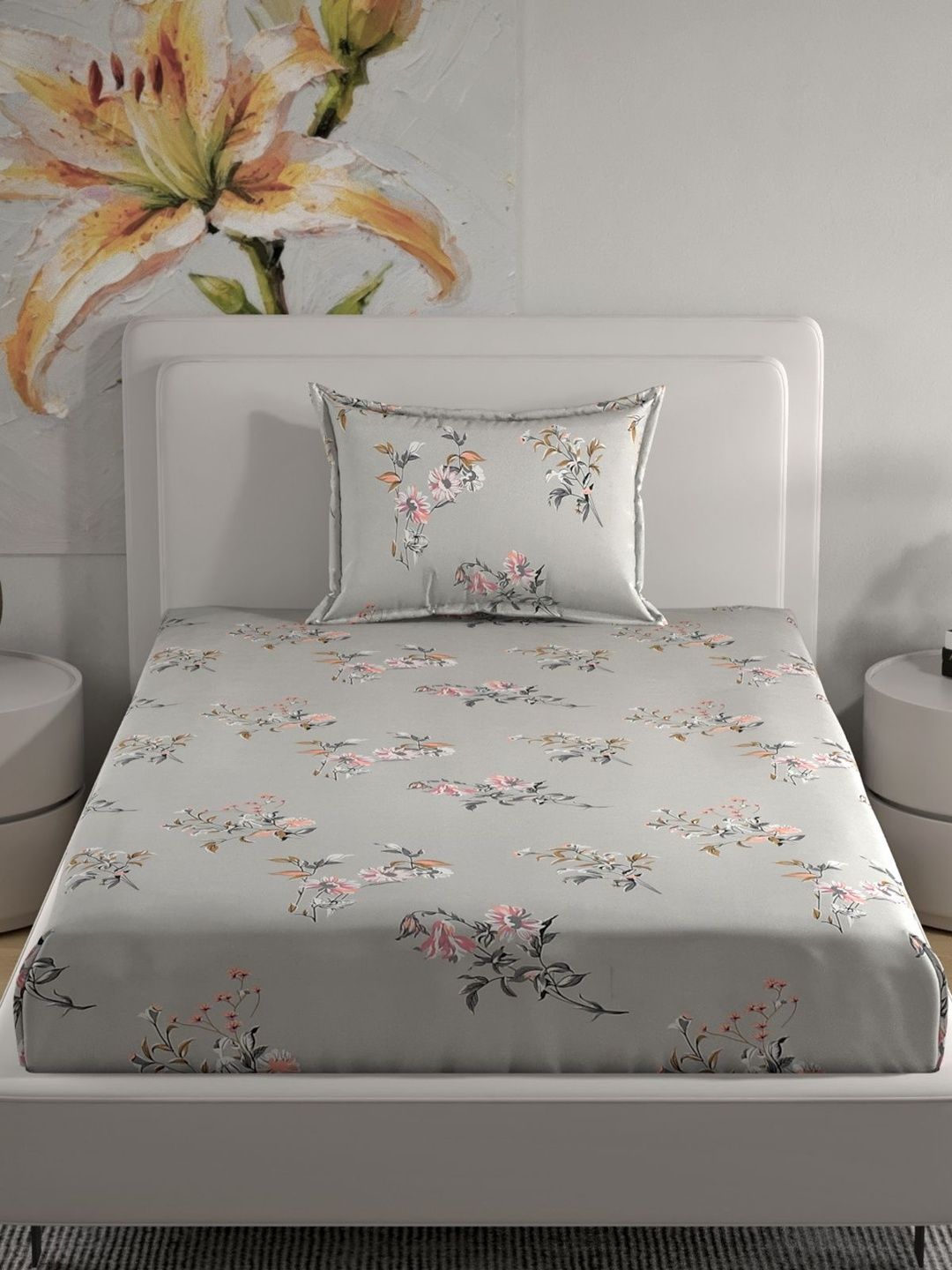 Florida Grey & Pink Floral Single Bedsheet with 1 Pillow Covers-image-48