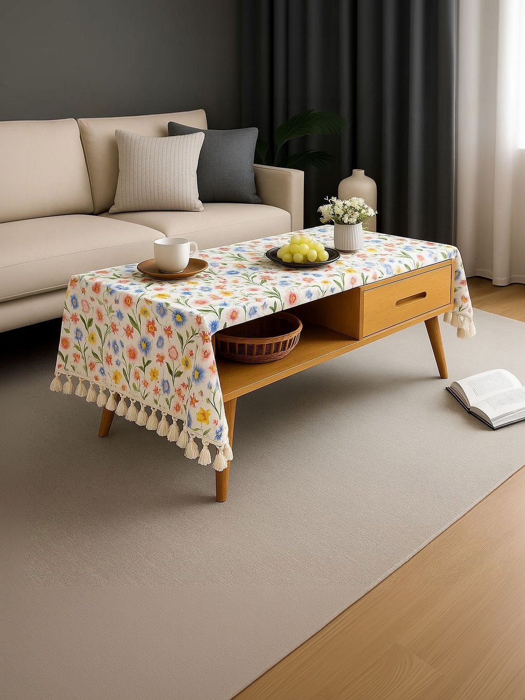 THROWPILLOW Multicoloured Floral Anti-Slip 8-Seater Table Cover with Embellished details-image-15