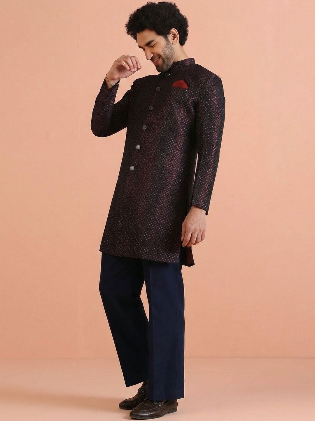 KISAH Jacquard-Patterned Sherwani With Wide Leg Trouser Set-image-9