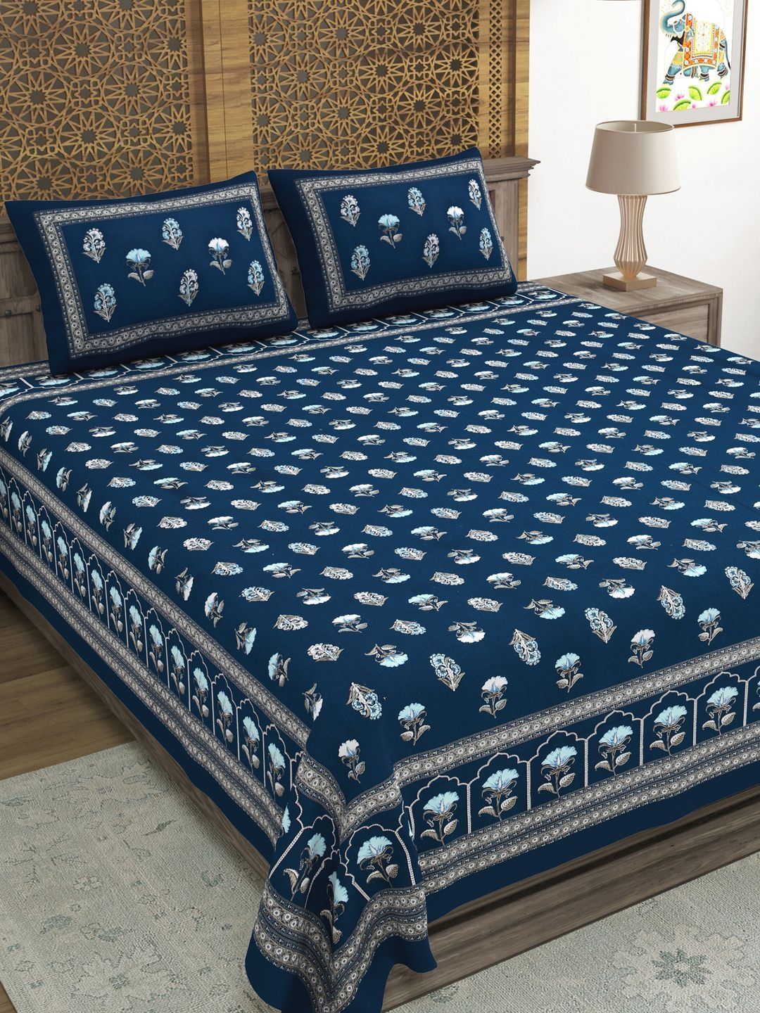 BLOCKS OF INDIA Blue Floral 210 TC Bedsheet with 2 Pillow Covers-picture-1
