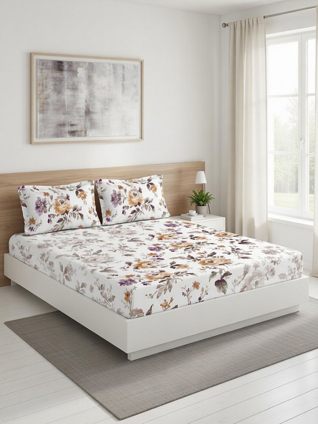 DDecor Orange Floral 145TC Queen Flat Pure Cotton Bedsheet with 2 Pillow Covers-picture-38