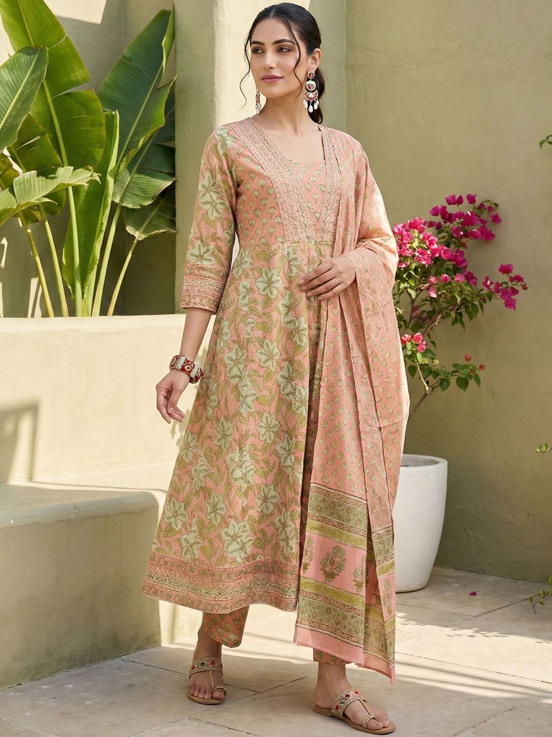 Anouk Women Floral Printed Regular Mirror Work Pure Cotton Kurta with Trousers & With Dupatta