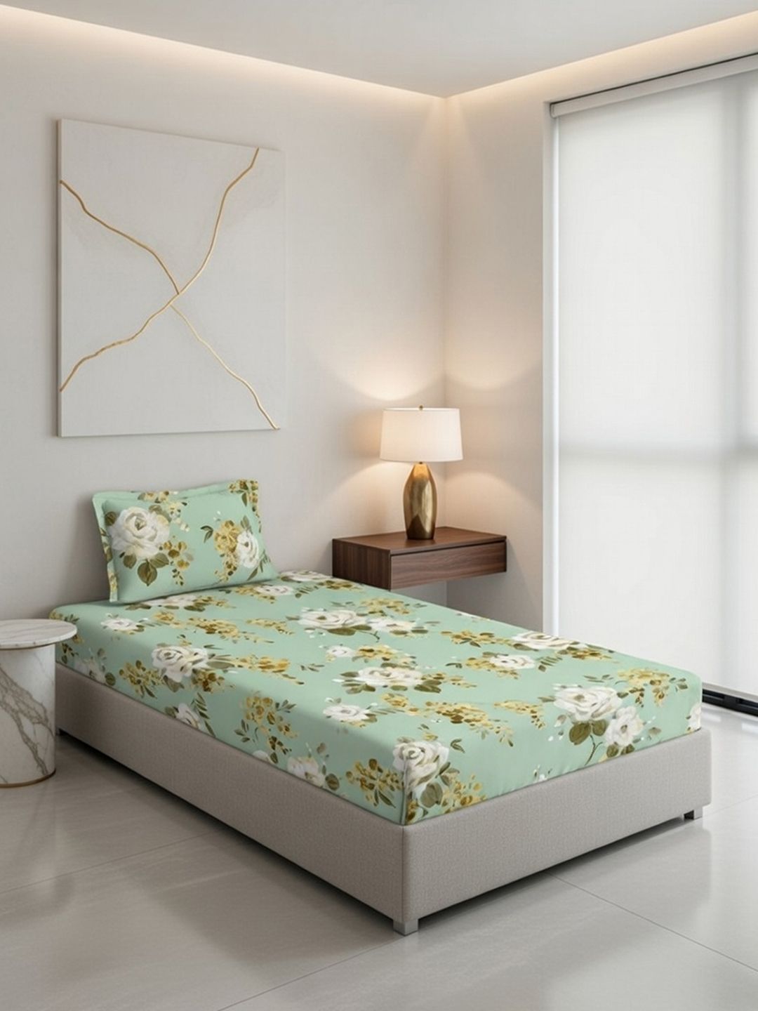 DDecor Green Pure Cotton Floral 145TC Single Flat Bedsheet with 1 Pillow Cover-image-35