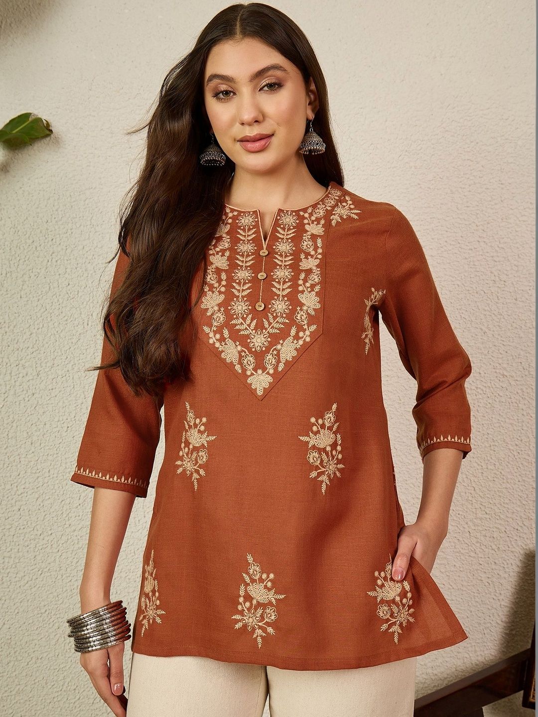 Anouk Women's Rust Embroidered Round Neck Fusion Wear Cotton Short Kurti-picture-22
