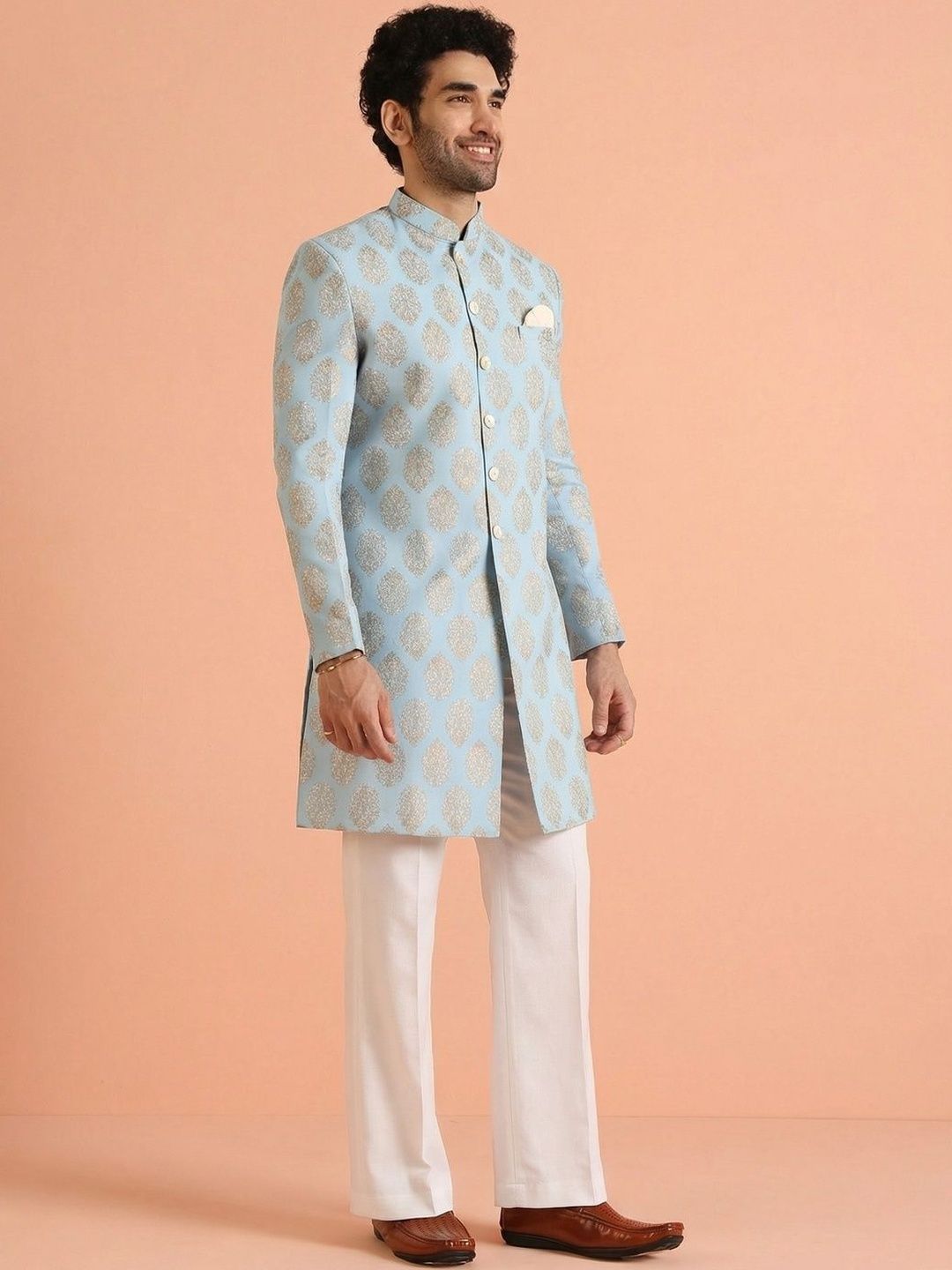 KISAH Printed Pure-Cotton Sherwani With Wide Leg Trouser Set-image-17