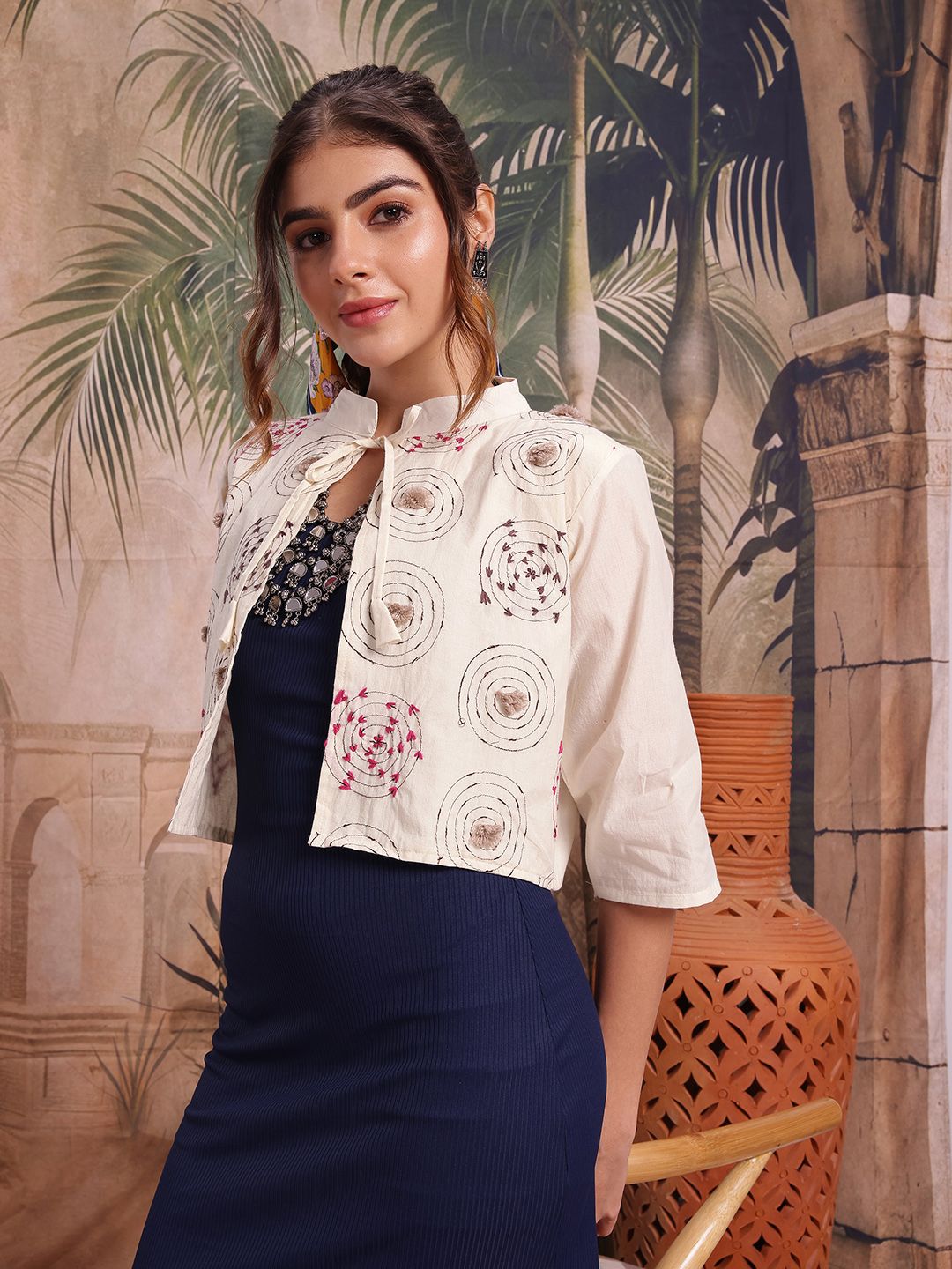 Sangria Geometric Embroidered Mandarin Collar Tie-Up Shrug-picture-41