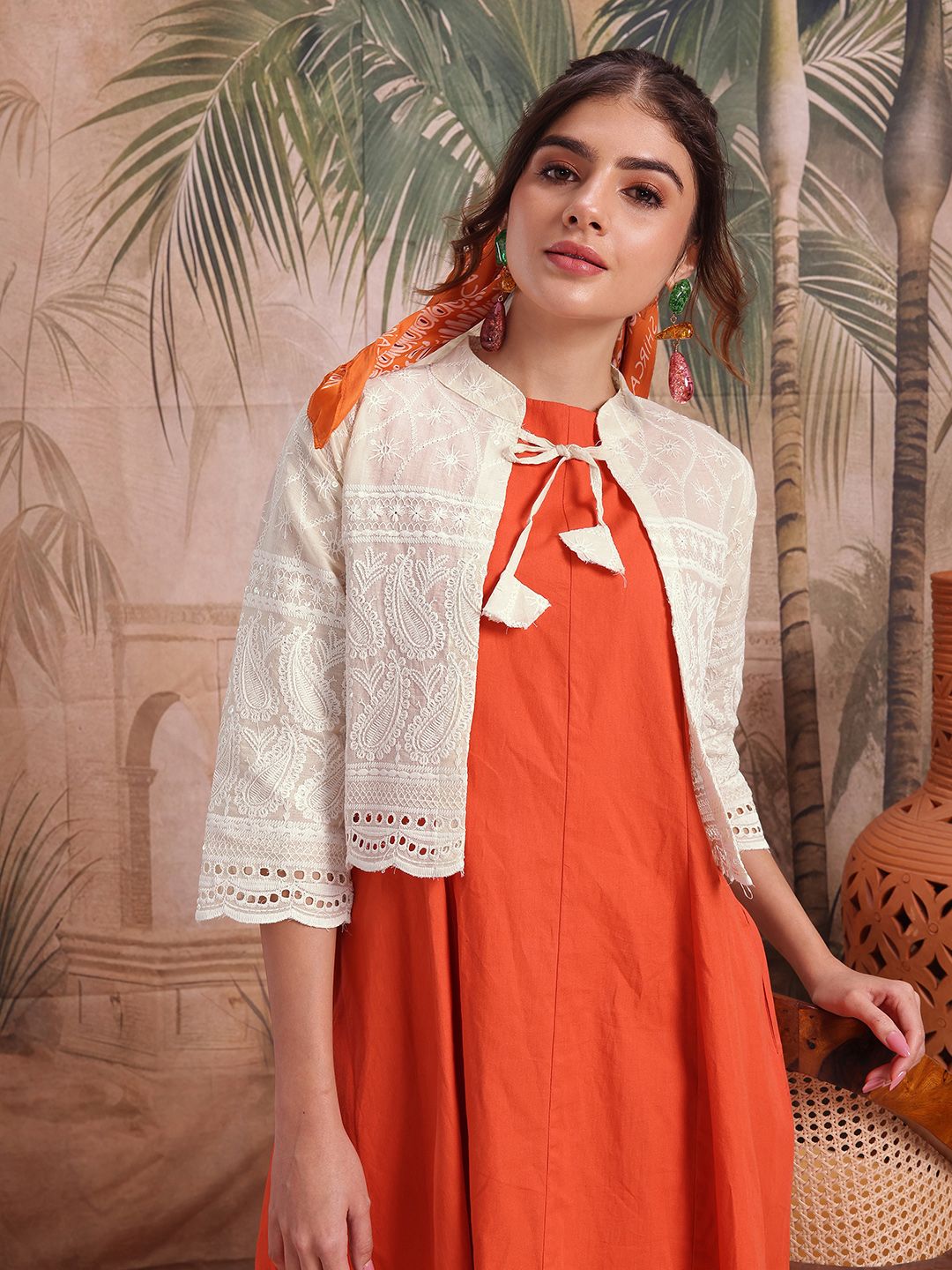 Sangria Ethnic Embroidered Mandarin Collar Sequinned Detail Tie-Up Shrug-picture-53