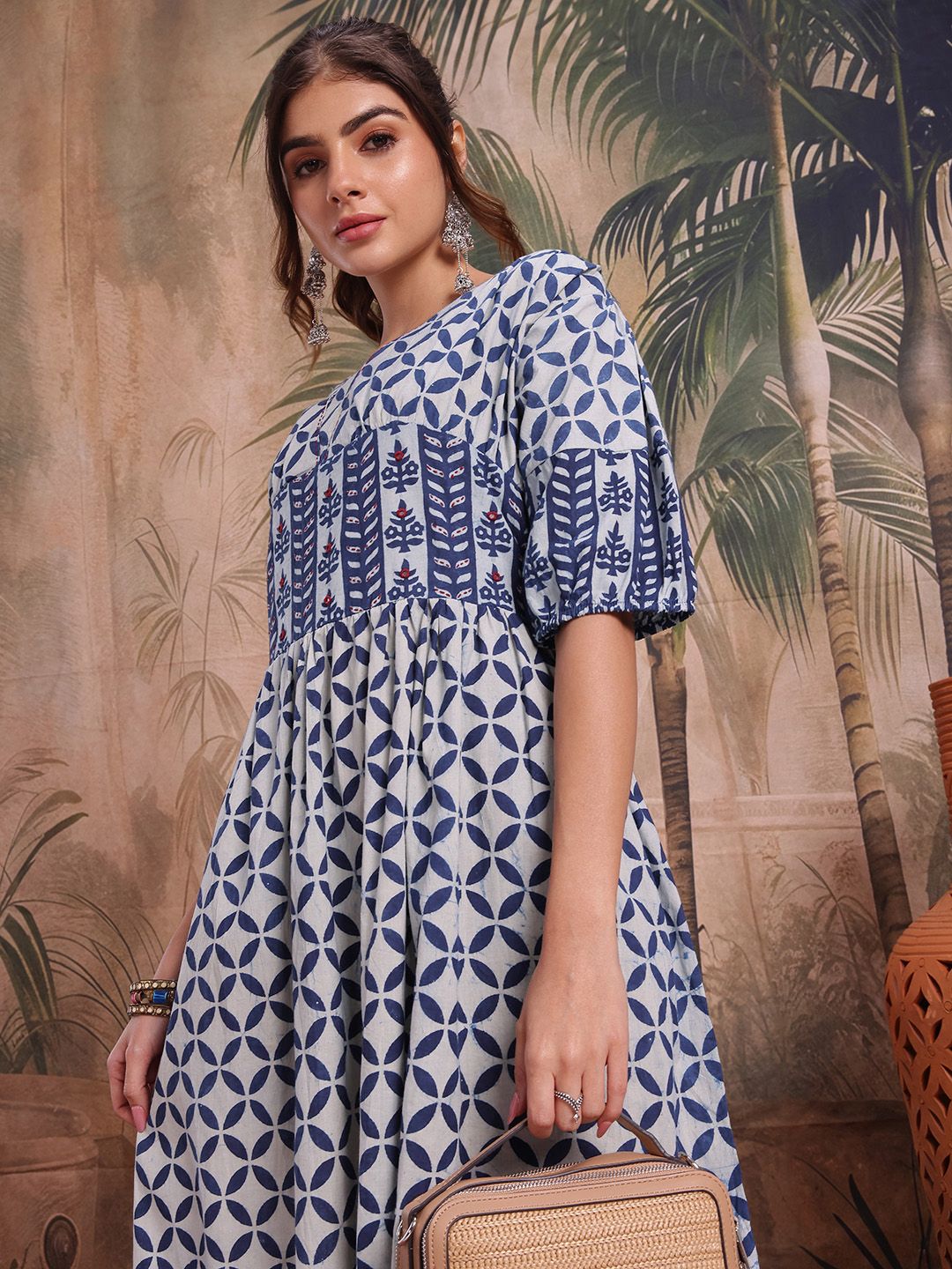 Sangria Mirror Work Ethnic Motifs Printed A-Line Ethnic Dress-image-49