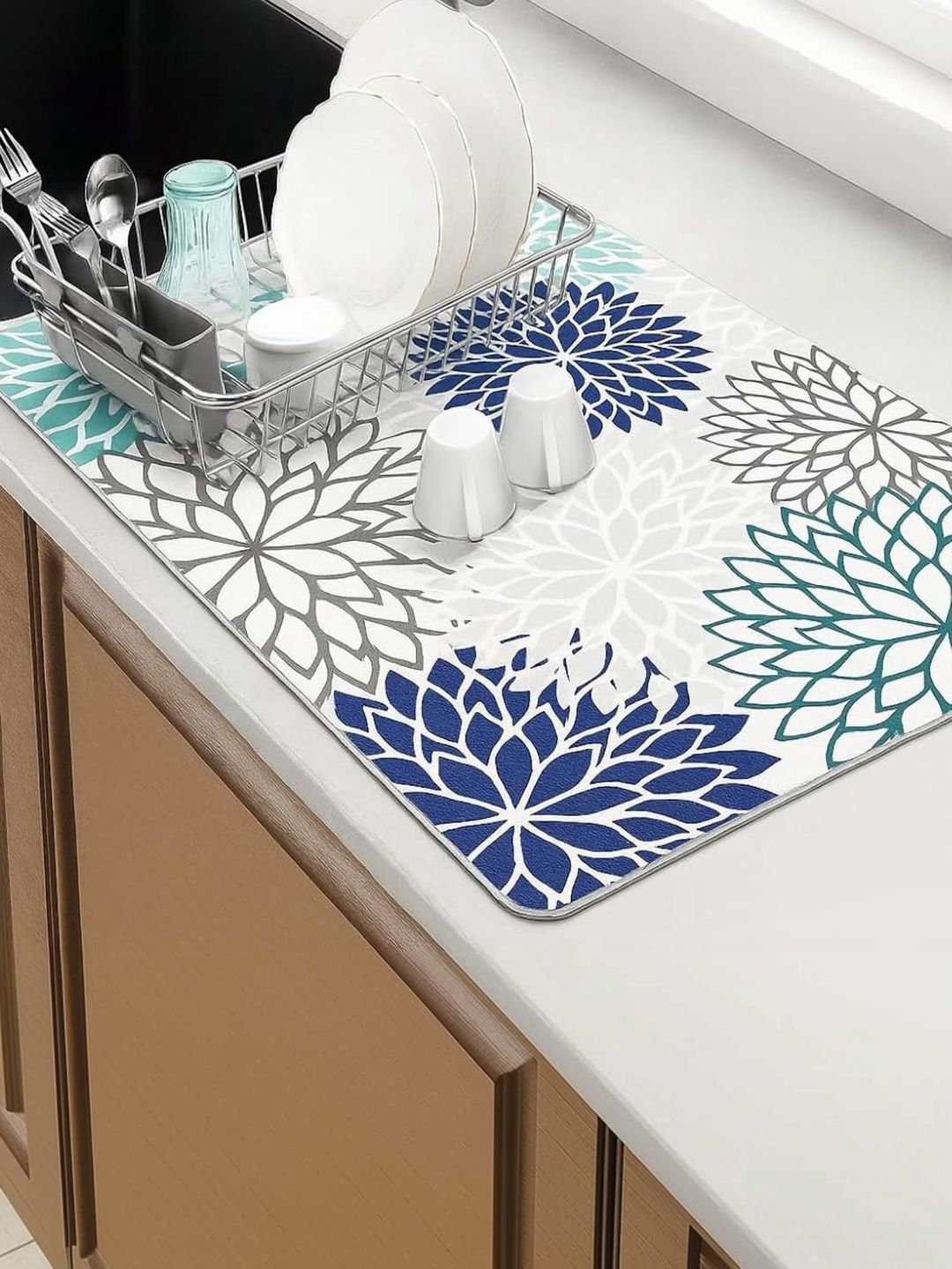 HomeCloud Navy Blue & White Printed Waterproof Kitchen Mat-picture-13