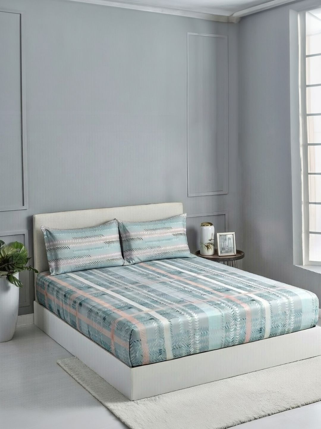 DDecor Blue Pure Cotton Geometric 145TC King Flat Bedsheet with 2 Pillow Covers-image-21