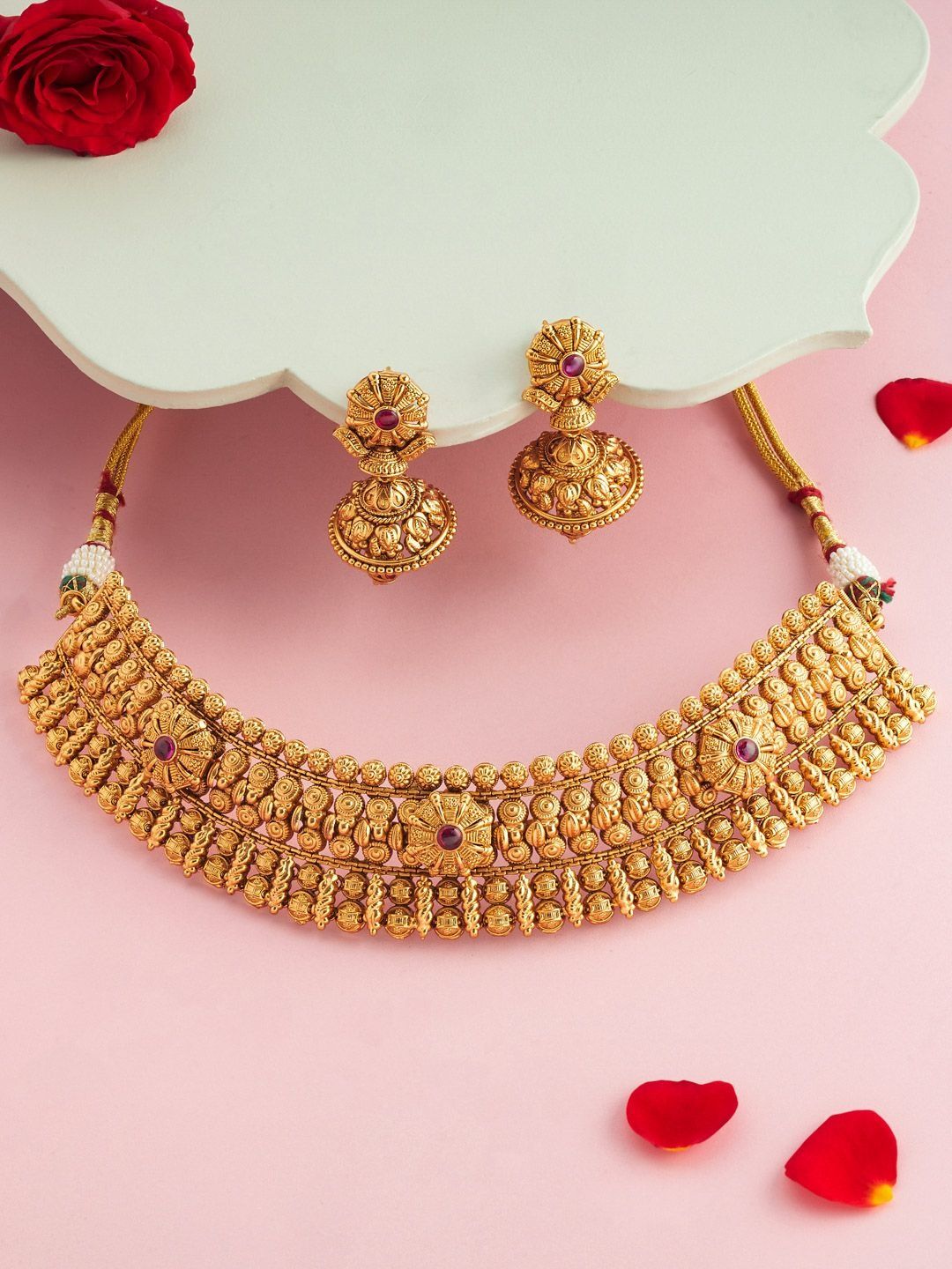 Kushal's Fashion Jewellery Gold-Plated Choker Stone-Studded Necklace and Earrings-picture-25