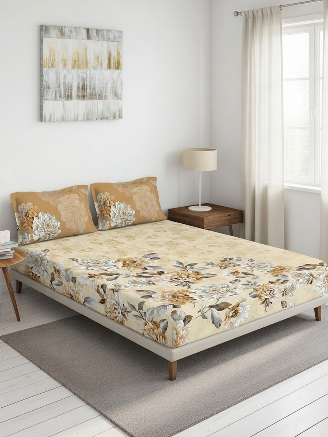 DDecor Brown Pure Cotton Floral 145TC Queen Flat Bedsheet with 2 Pillow Covers-picture-21
