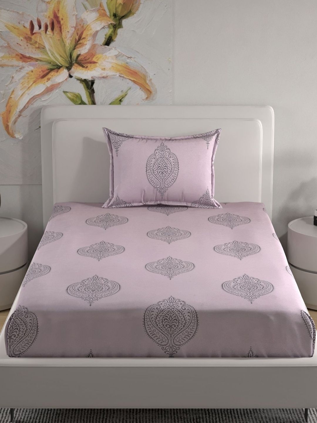 Florida Lavender & Black Ethnic Motifs Single Bedsheet with 1 Pillow Covers-image-33