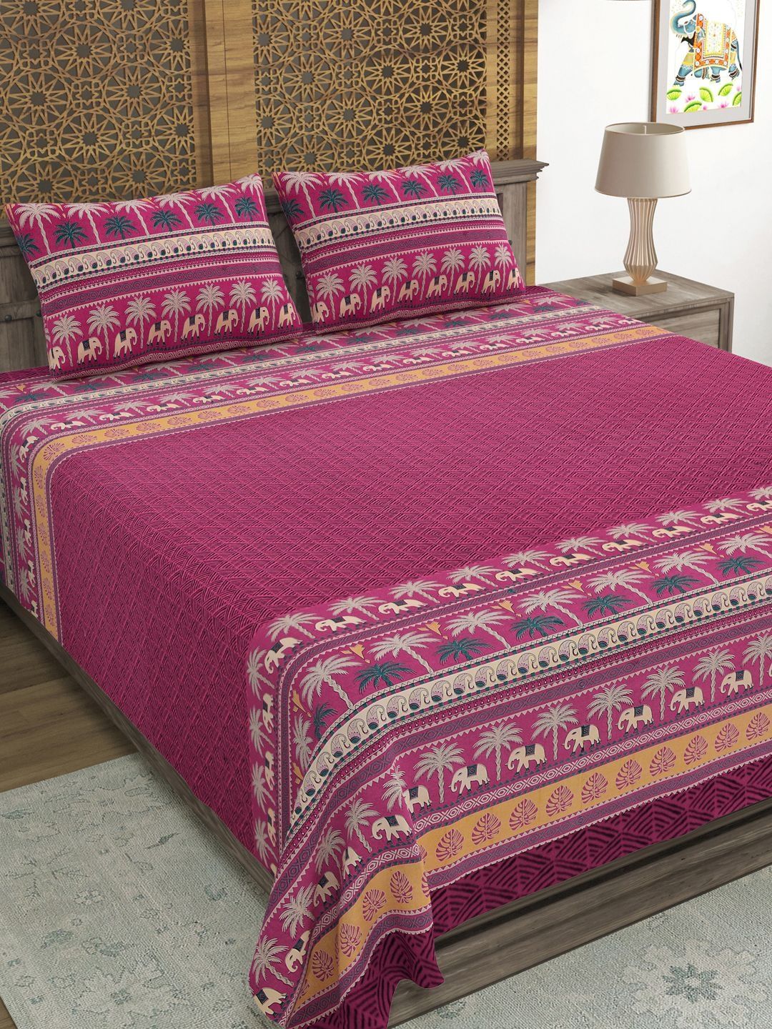BLOCKS OF INDIA Maroon & Teal Ethnic Motifs 210 TC King Bedsheet with 2 Pillow Covers-image-15