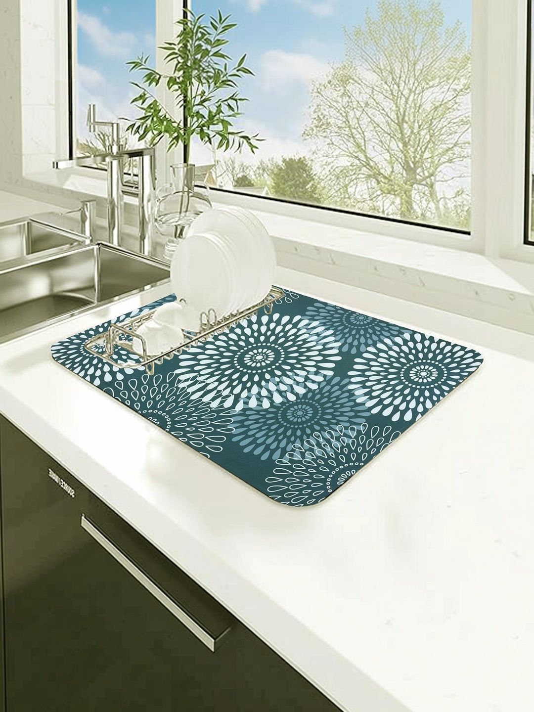 HomeCloud Teal Blue & White Printed Waterproof Kitchen Mat-image-21