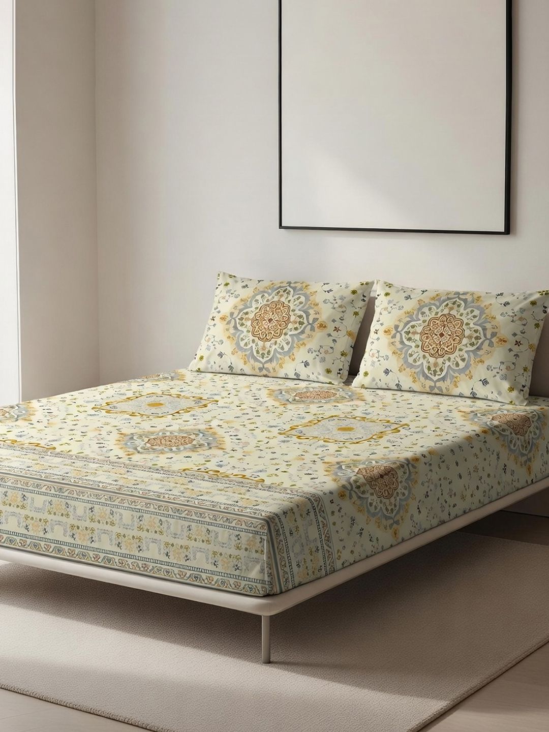 DDecor Beige Pure Cotton Ethnic 145TC King Fitted Sheet with 2 Pillow Covers-picture-32