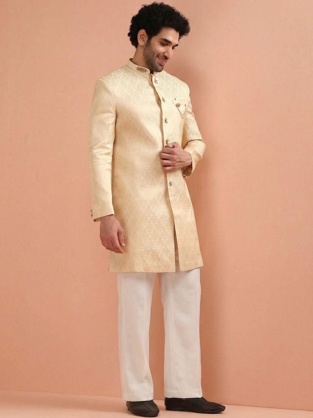 KISAH Jacquard-Patterned Sherwani With Wide Leg Trouser Set-image-2
