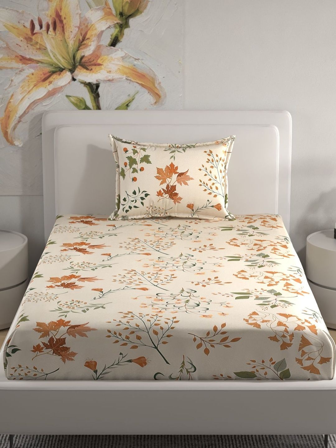 Florida Cream-Coloured & Orange Floral Single Bedsheet with 1 Pillow Covers-image-44