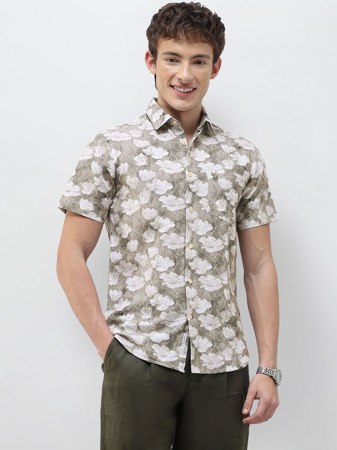 u.s. polo assn. U.S. Polo Assn.Floral Printed Linen Cotton Blend Regular Fit Shirt-picture-37