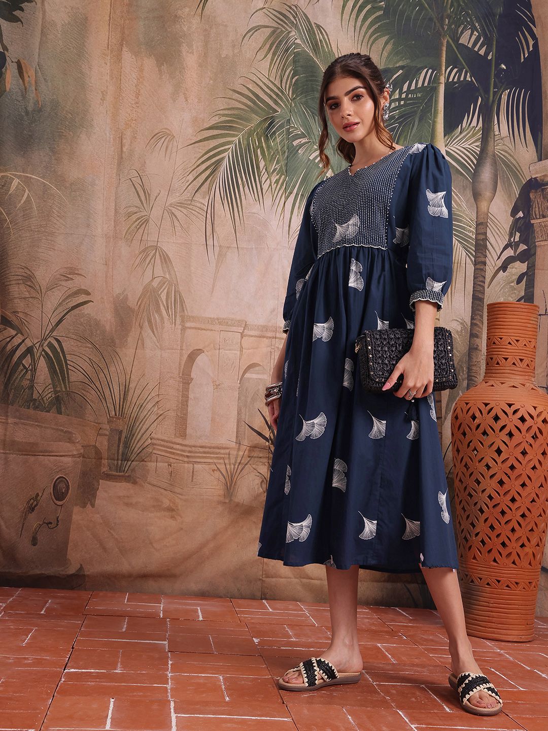 Sangria Tropical Printed Gathers V-Neck A-line Ethnic Dress-image-14