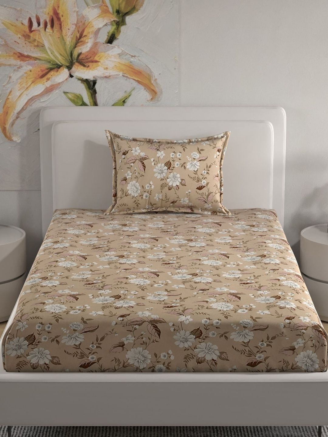 Florida Coffee Brown & White Floral Single Bedsheet with 1 Pillow Covers-image-30