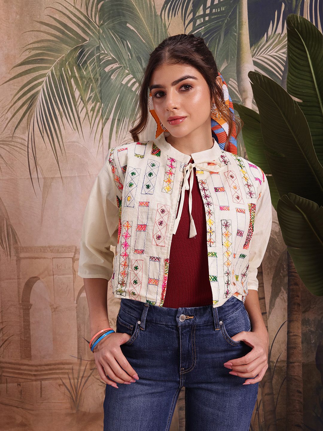 Sangria Geometric Embroidered Tie-Up Shrug-image-11
