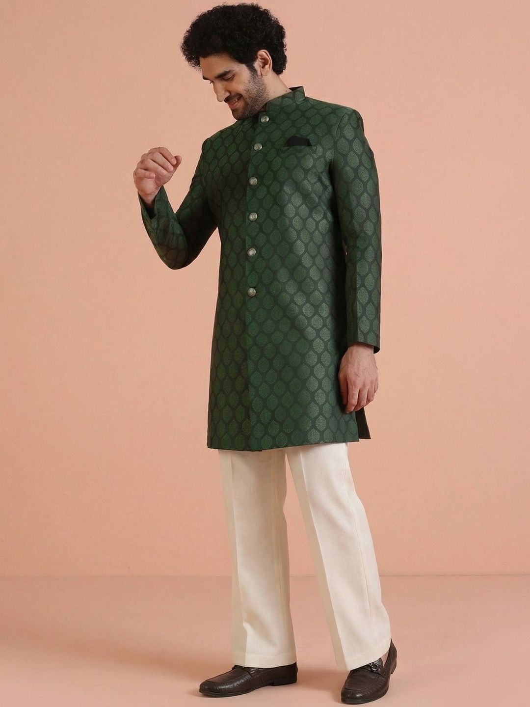 KISAH Jacquard-Patterned Sherwani With Wide Leg Trouser Set-image-11