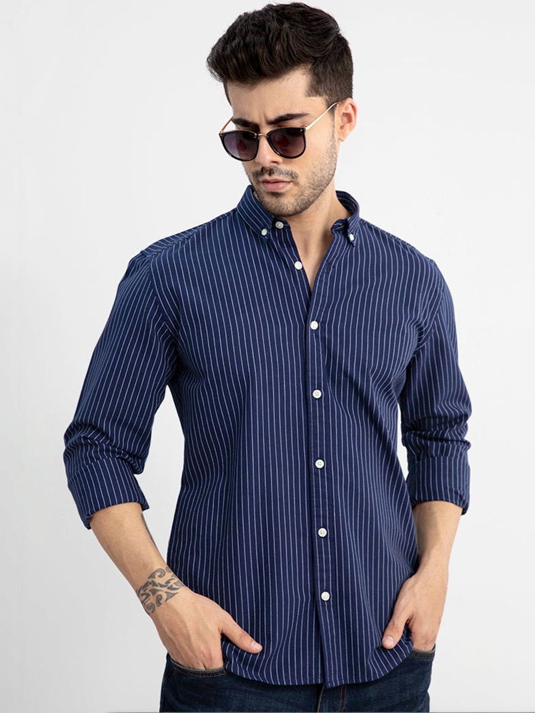 URBANICE Men Navy Blue Classic Slim Fit Vertical Striped Cotton Casual Shirt-image-3