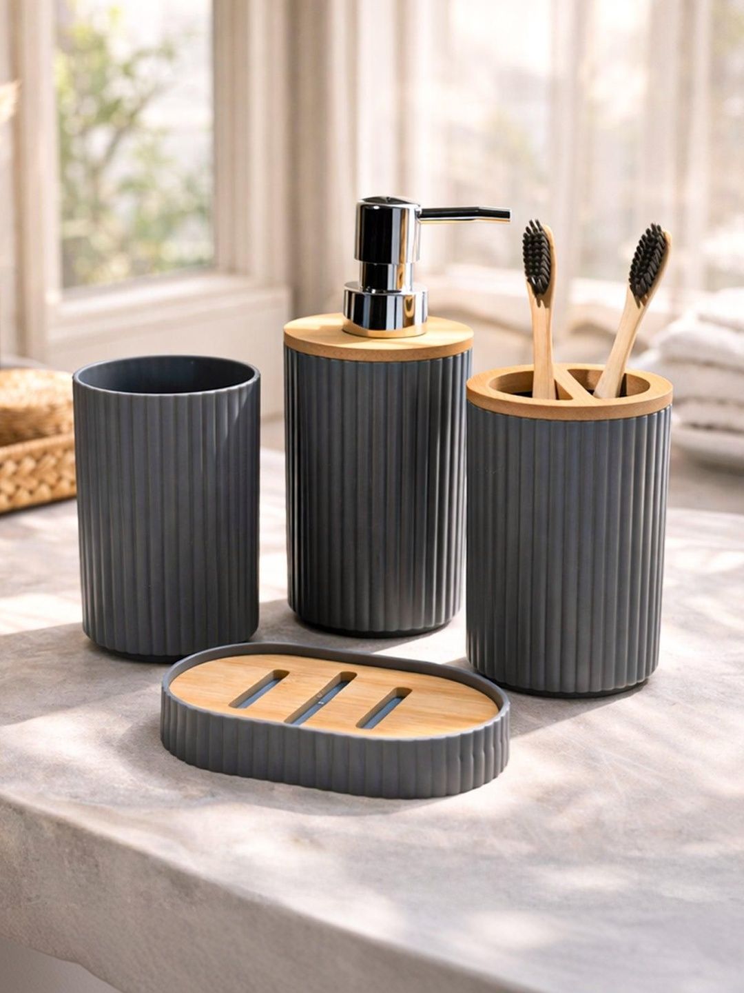 MARKET99 Grey 4 piece Solid Ceramic Bath Accessories Set