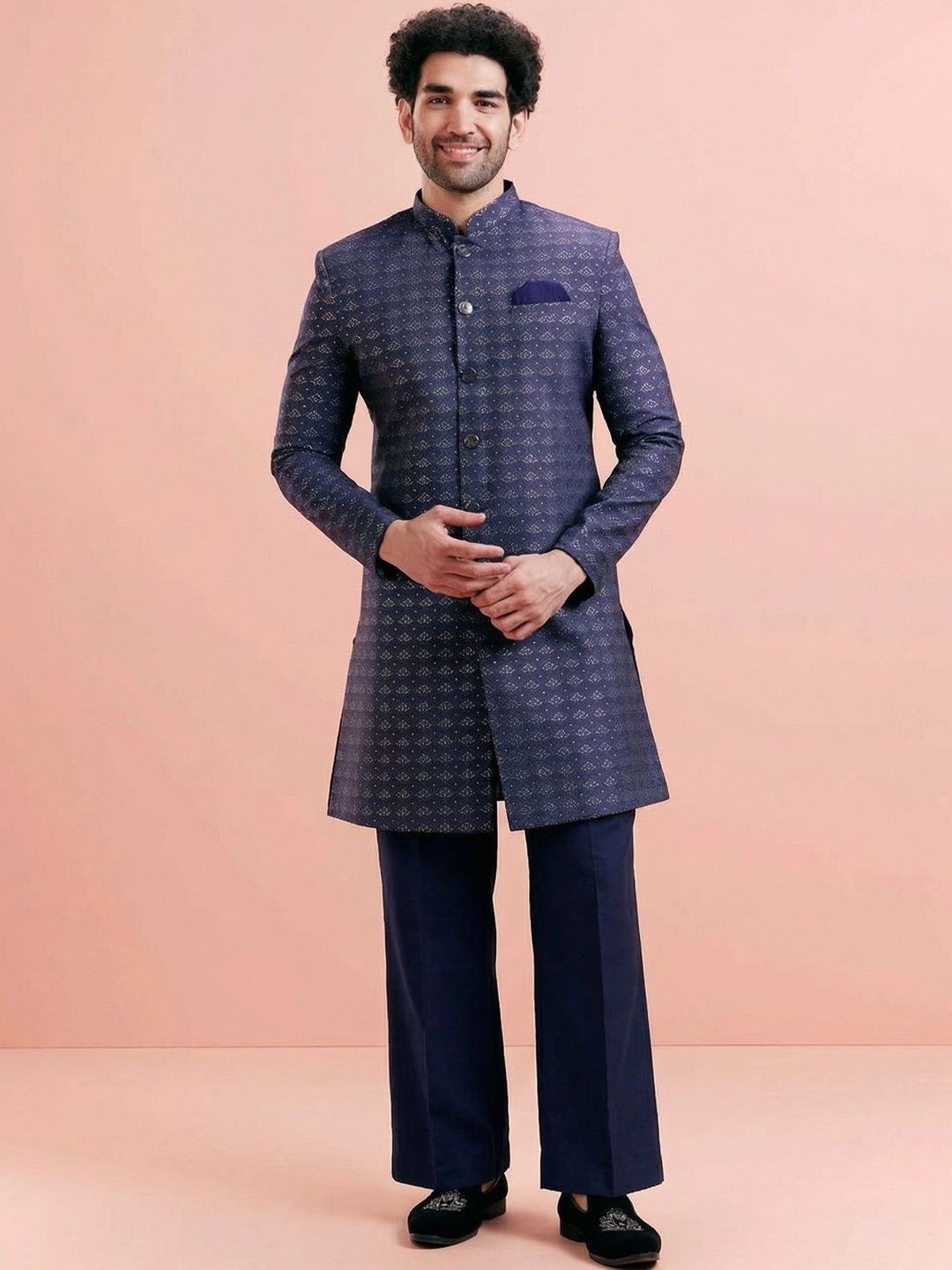 KISAH Jacquard Woven-Designed Sherwani With Wide Leg Trouser Set-picture-15