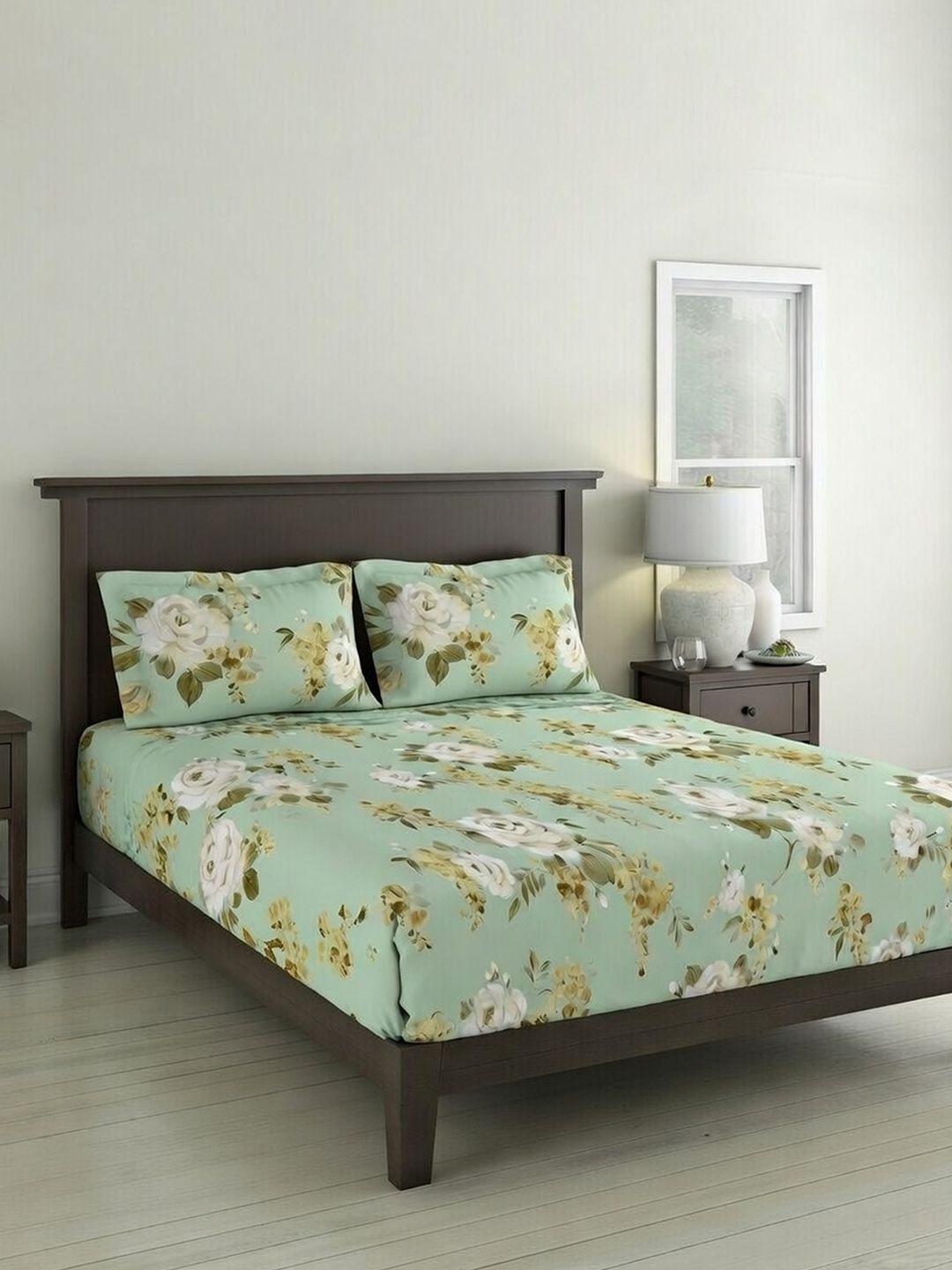 DDecor Green Pure Cotton Floral 145TC King Flat Bedsheet with 2 Pillow Covers-image-26