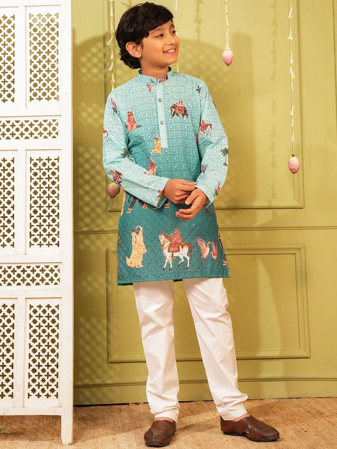 Aj DEZInES Boys Ethnic Motifs Printed Regular Pure Cotton Kurta with Pyjamas-image-35
