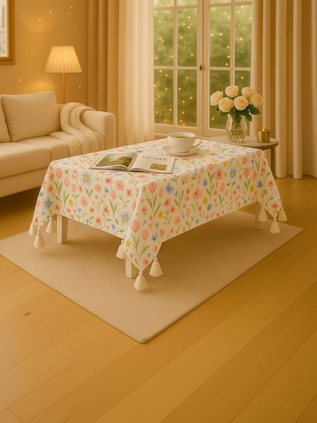 THROWPILLOW Multicoloured Floral Anti-Slip 6-Seater Table Cover with Embellished details-image-19
