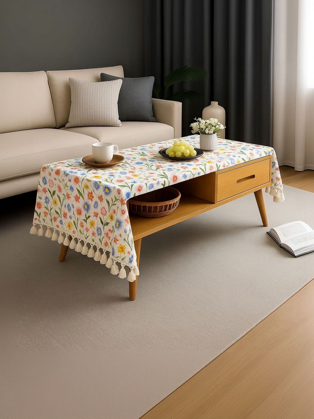 THROWPILLOW Multicoloured Floral Anti-Slip 8-Seater Table Cover with Embellished details-image-11
