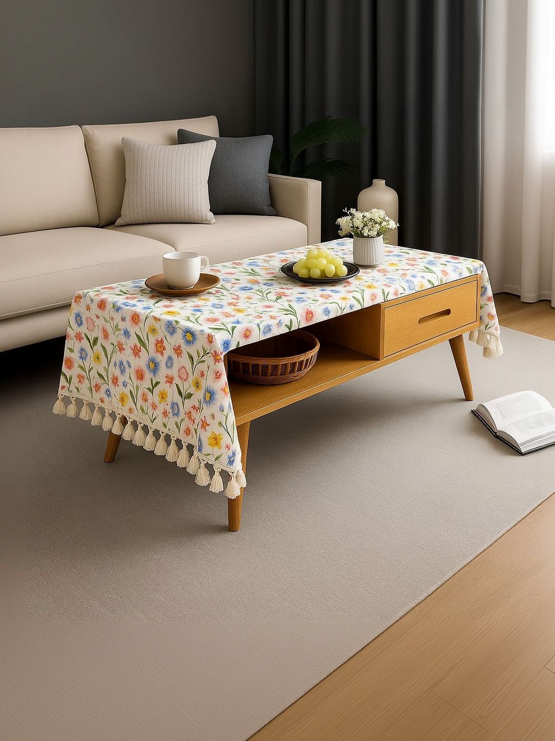 THROWPILLOW Multicoloured Floral Anti-Slip 6-Seater Table Cover with Embellished details-picture-27