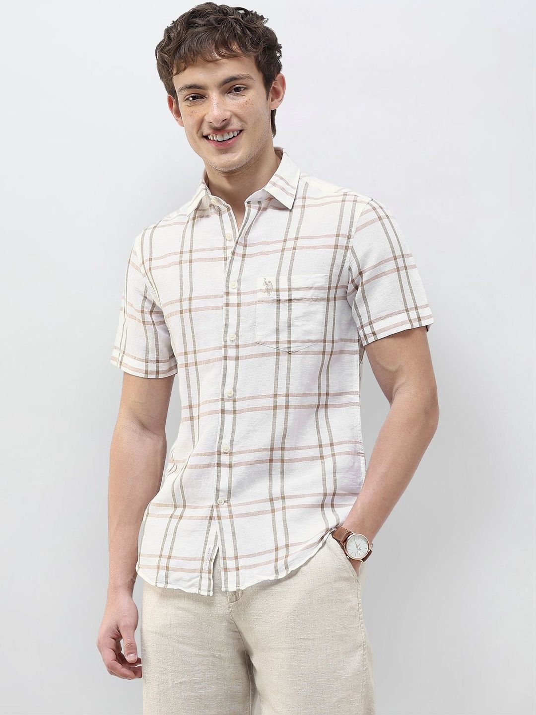 u.s. polo assn. U.S. Polo Assn.Tartan Checked Linen Cotton Blend Regular Fit Shirt-picture-49