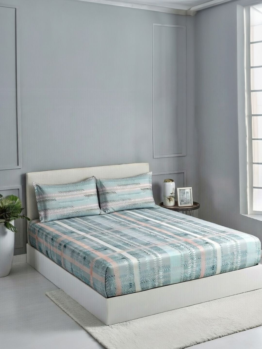 DDecor Blue Geometric 145TC Queen Flat Pure Cotton Bedsheet with 2 Pillow Covers-picture-56
