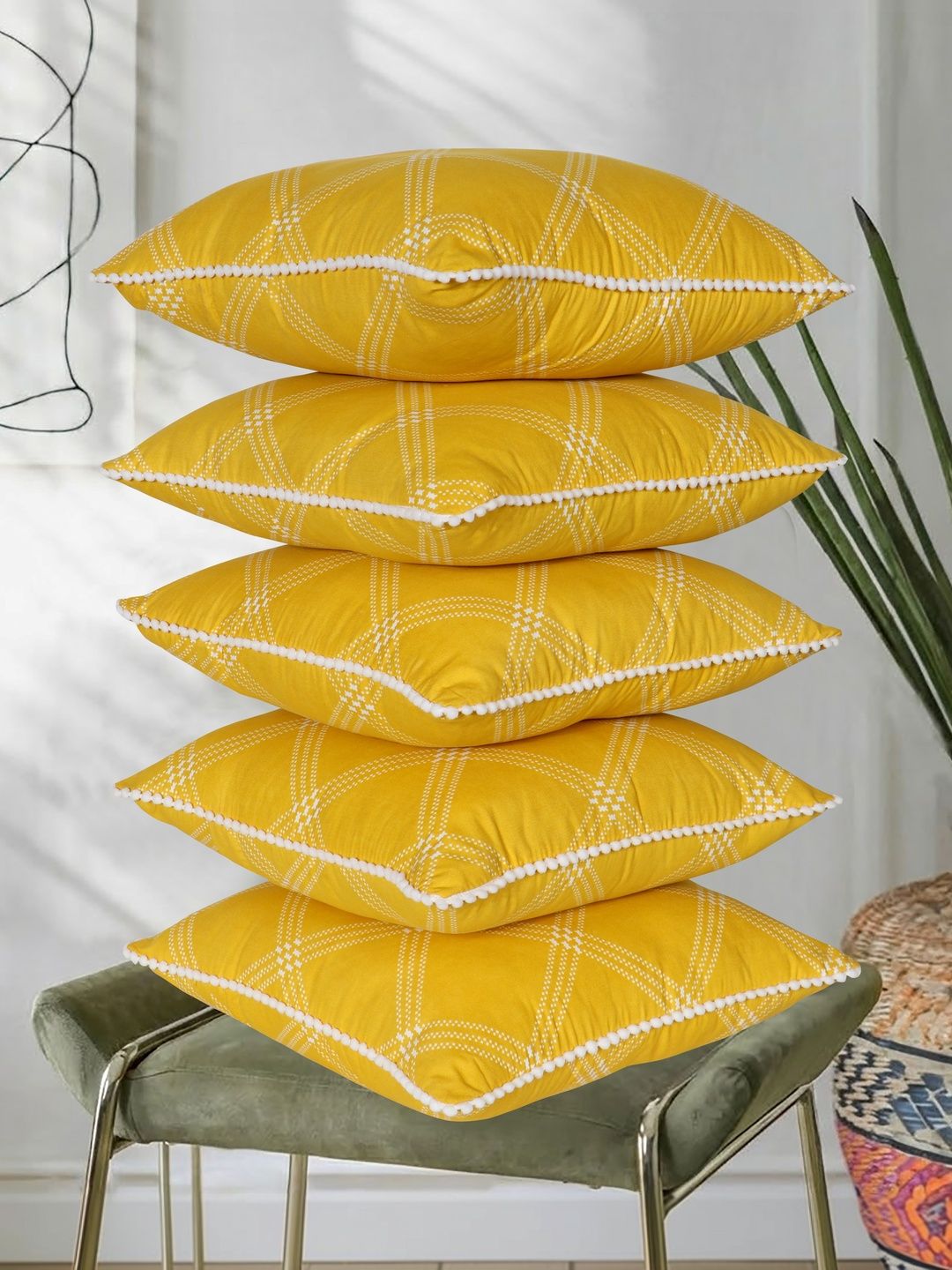 RD TREND Yellow Set of 5 Square Cotton Cushion Covers With Pom Pom 16x16 Inch-image-16