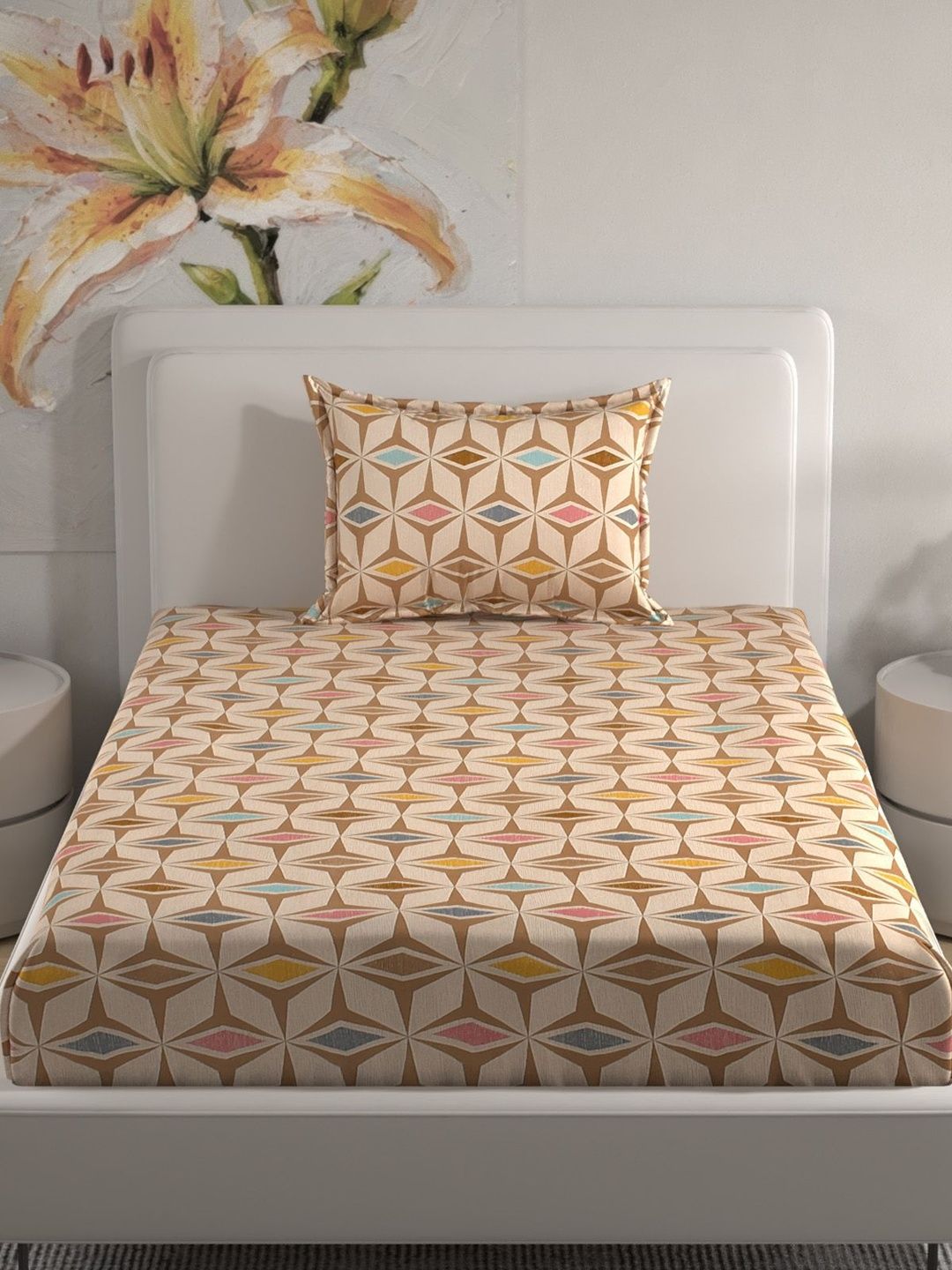 Florida Multicoloured & Yellow Geometric Single Bedsheet with 1 Pillow Covers-image-47