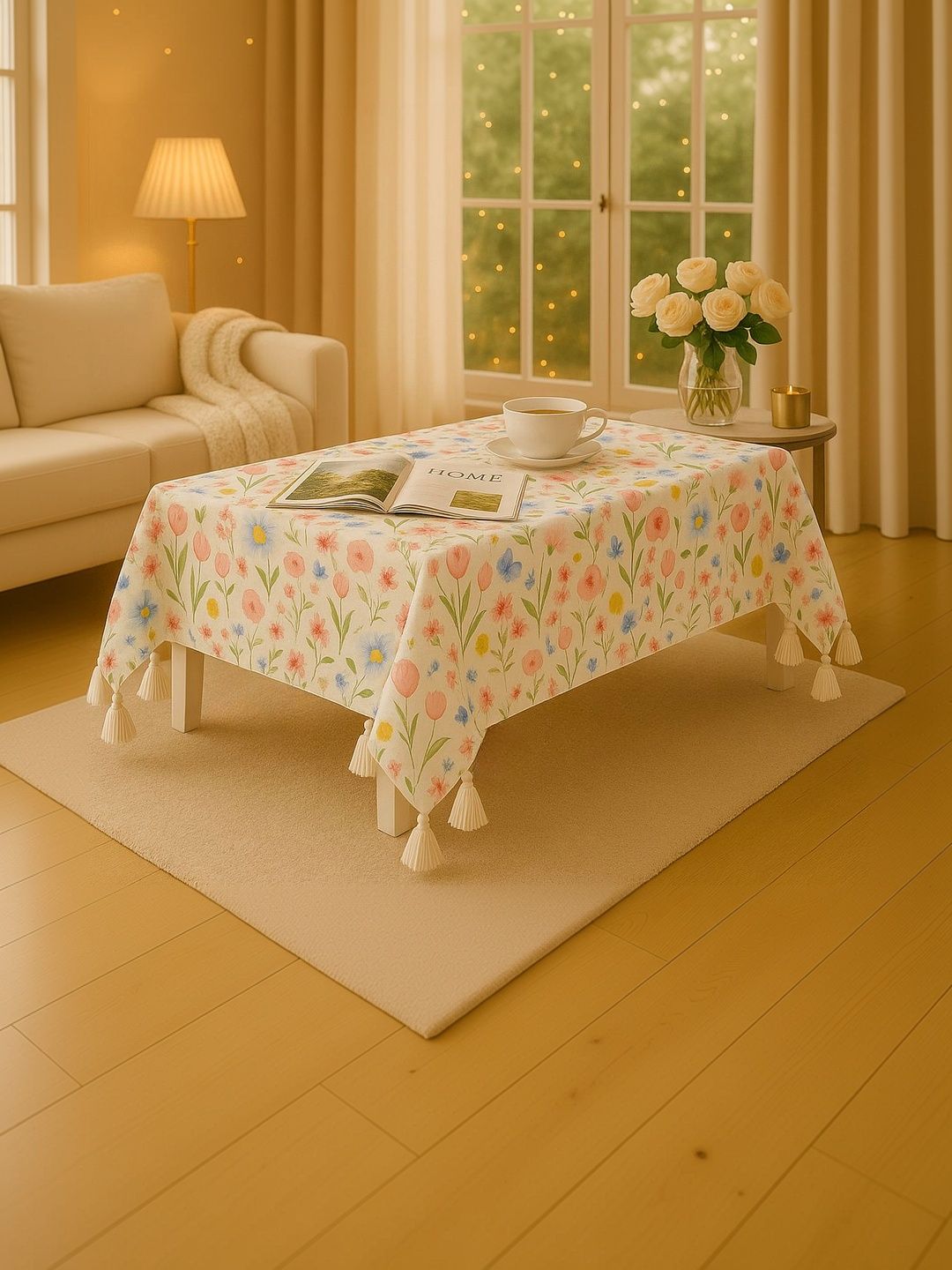 THROWPILLOW Multicoloured Floral Anti-Slip 6-Seater Table Cover with Embellished details-picture-38