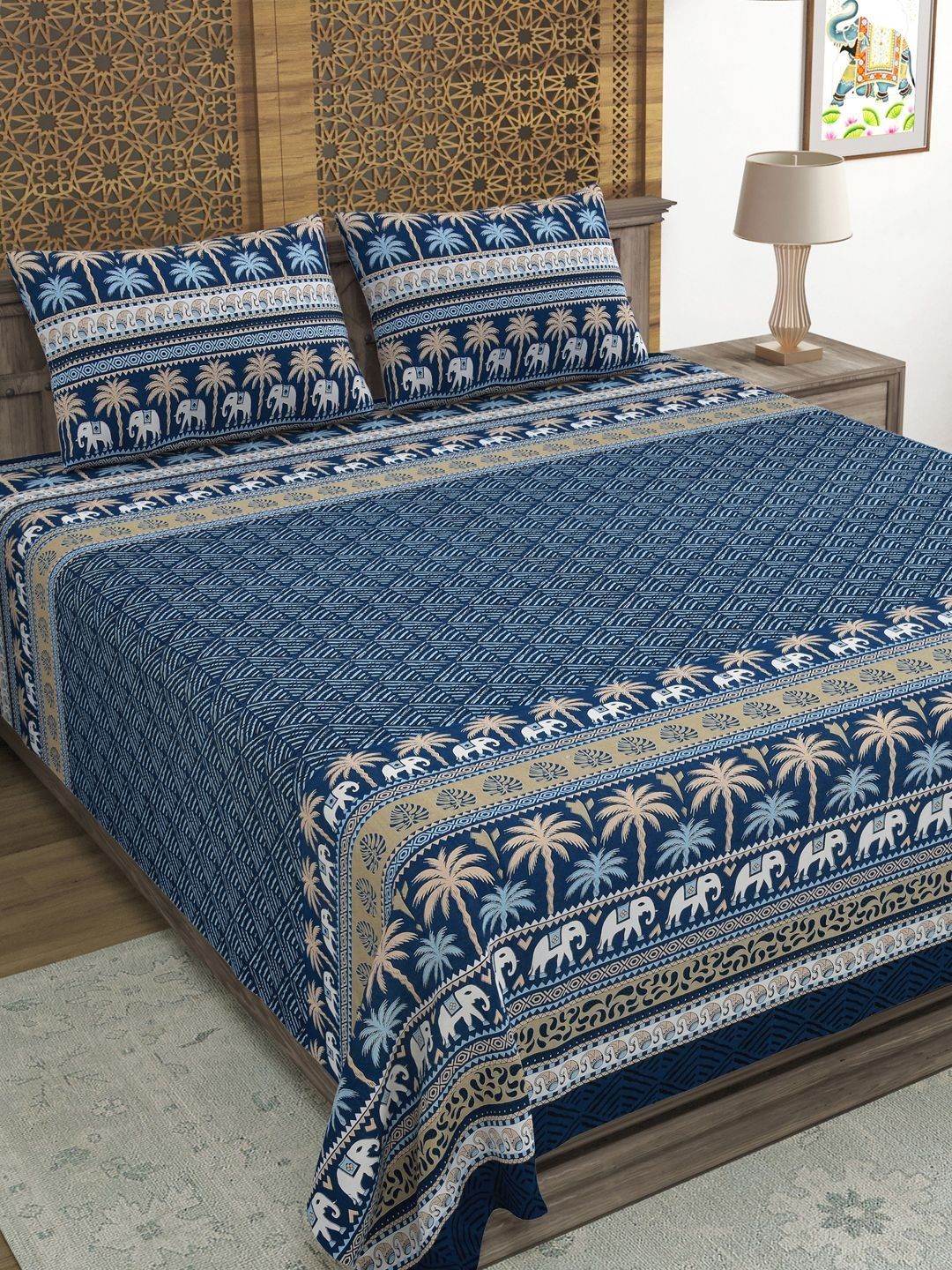 BLOCKS OF INDIA Blue Ethnic Motifs 210 TC Bedsheet with 2 Pillow Covers-picture-48