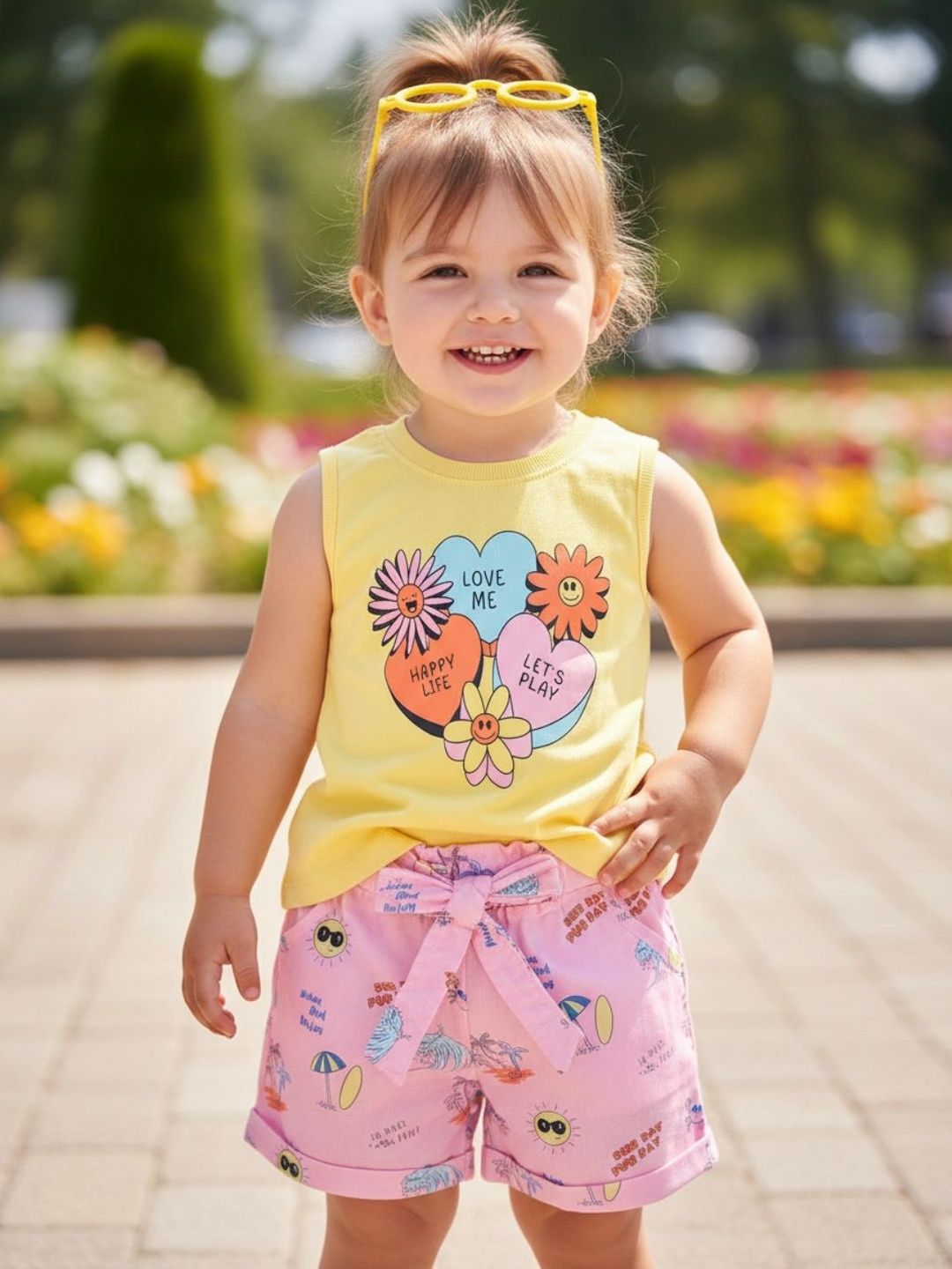 V-Mart Girls Printed Cotton Single Jersey Shoulder Straps Casual Clothing Set