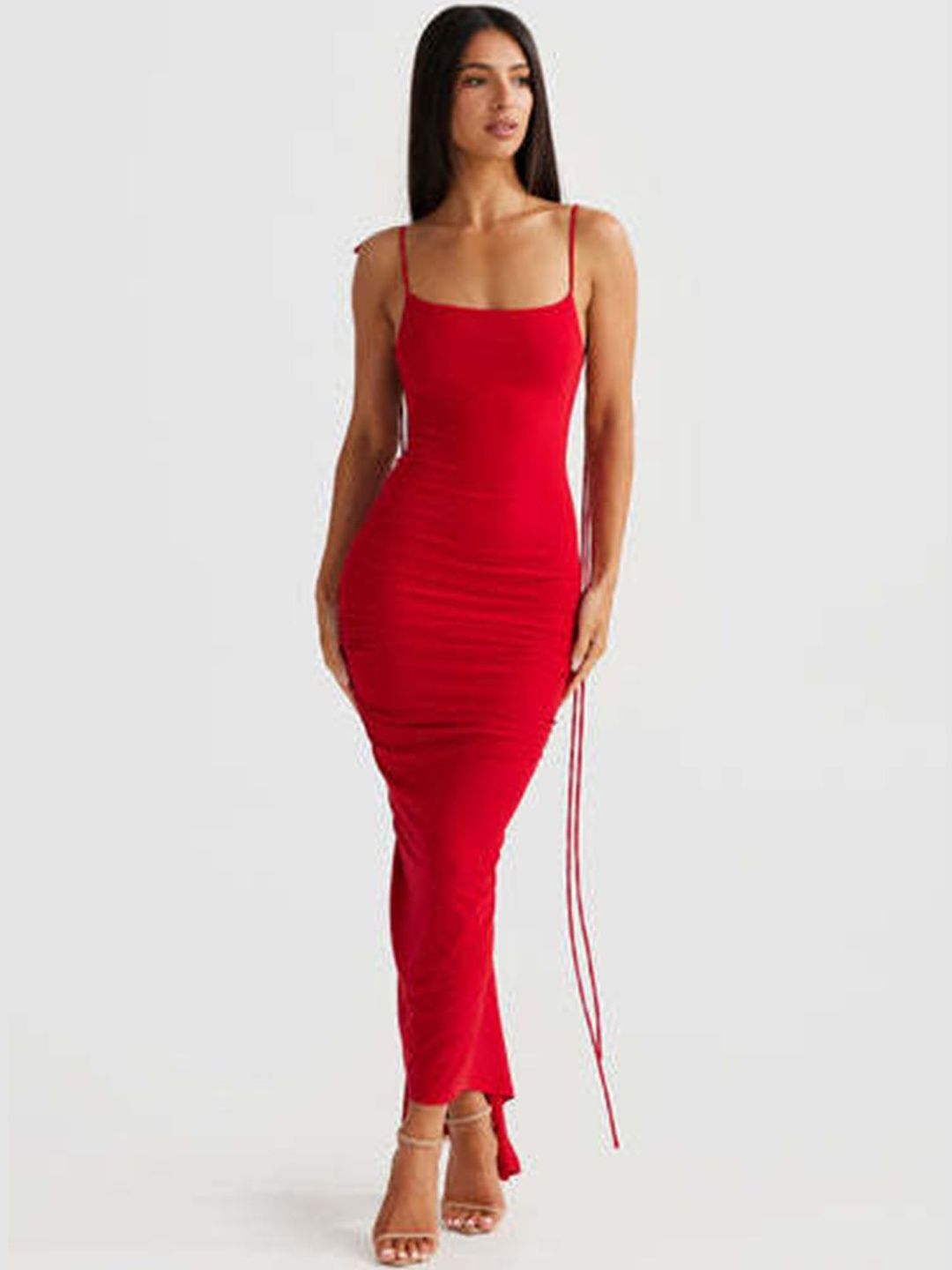 LULU & SKY Tie-up Straps Single Tone Red Dress Dresses-image-14